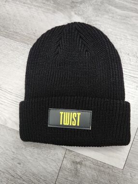 TWIST Black Ribbed Beanie with Yellow Logo Patch OS Men Women Kids